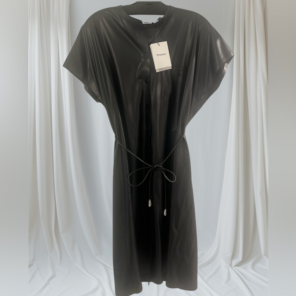 Theory Black Button-Up Dress with Tie Waist and Pocket - Picture 2 of 5